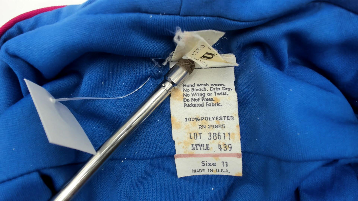 70s Royal Blue Midi Dress Red Piping Notch Collar Pleated Skirt Belt Medium Large