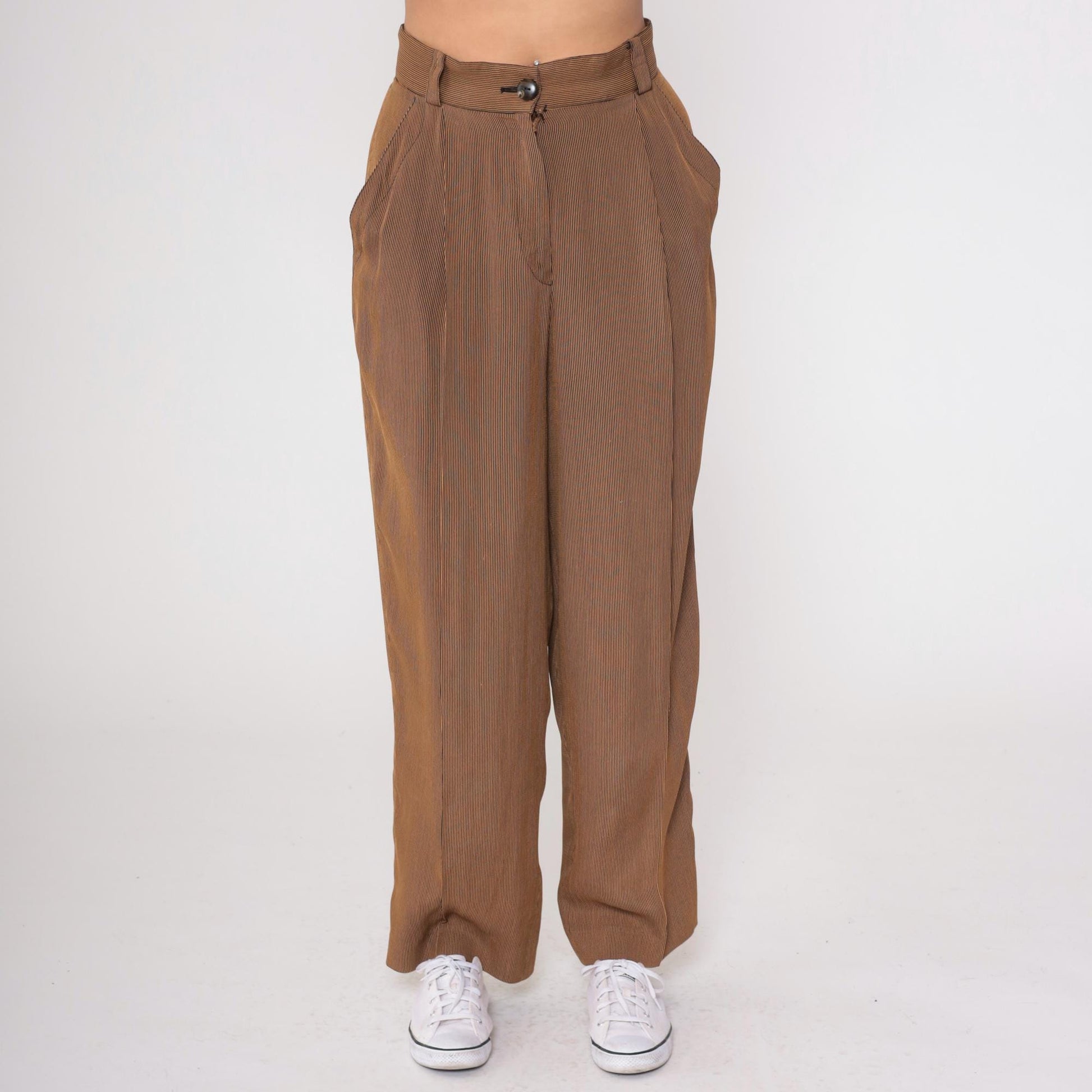 80s Emanuel Ungaro Pinstriped Trousers Brown Tan High Waist Pleated Medium