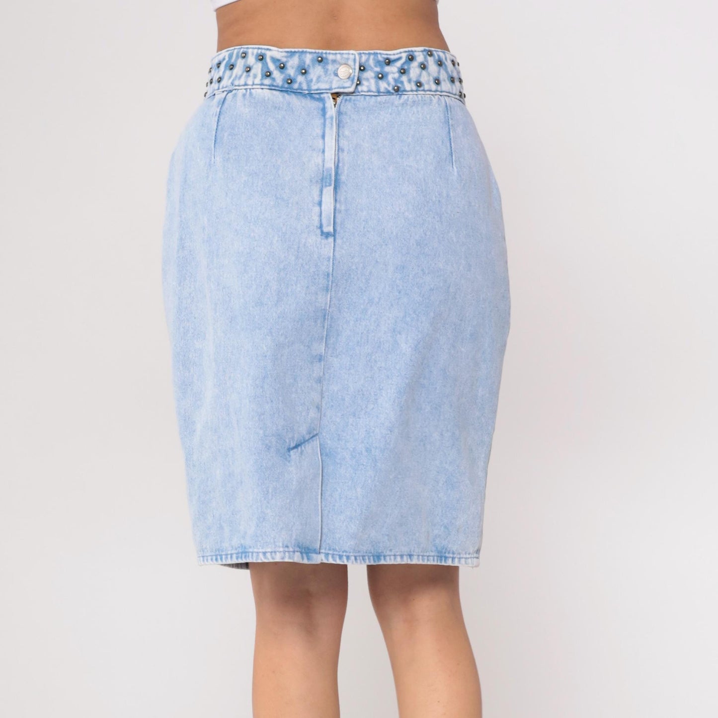 90s Opal Light Blue Studded Denim Mini Skirt Rhinestone High Waist Medium