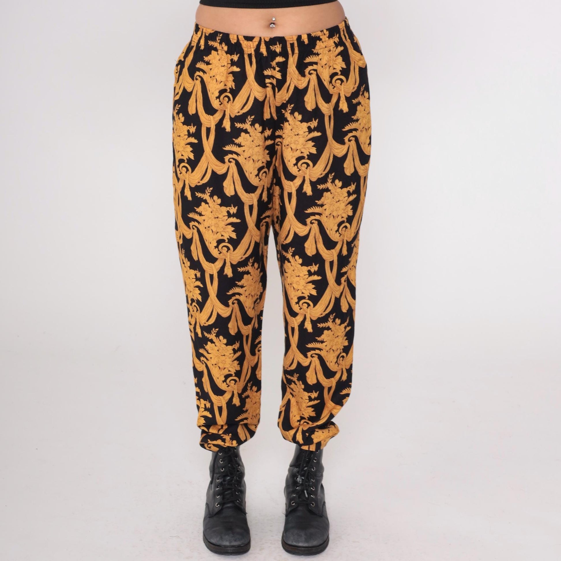 90s Judy Knapp Black Gold Baroque Damask Pants Elastic Waist Medium M