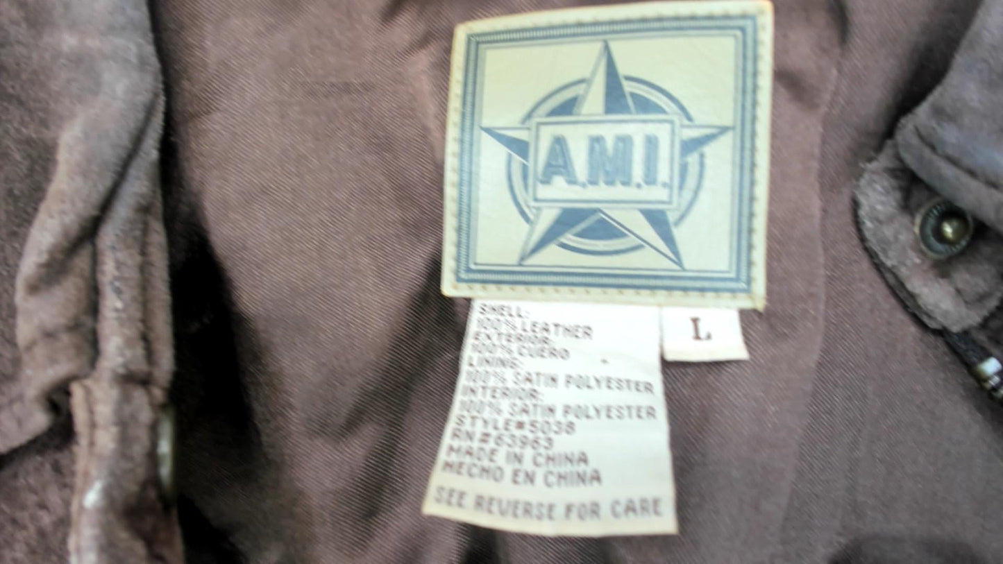 90s Ami Brown Suede Leather Jacket Collared Zip Front Large L