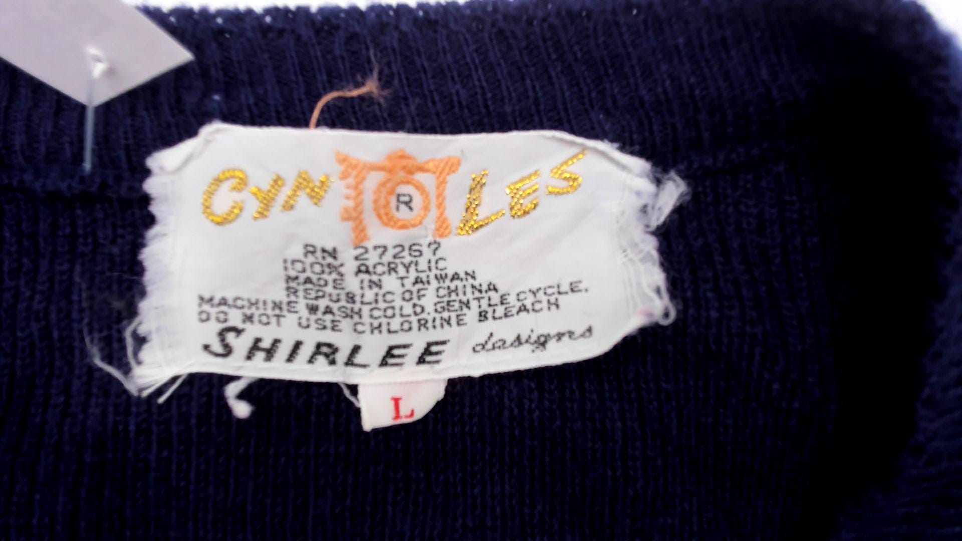 70s Shirlee Designs Navy Lamb Sweater Embroidered Pink Bows Large L