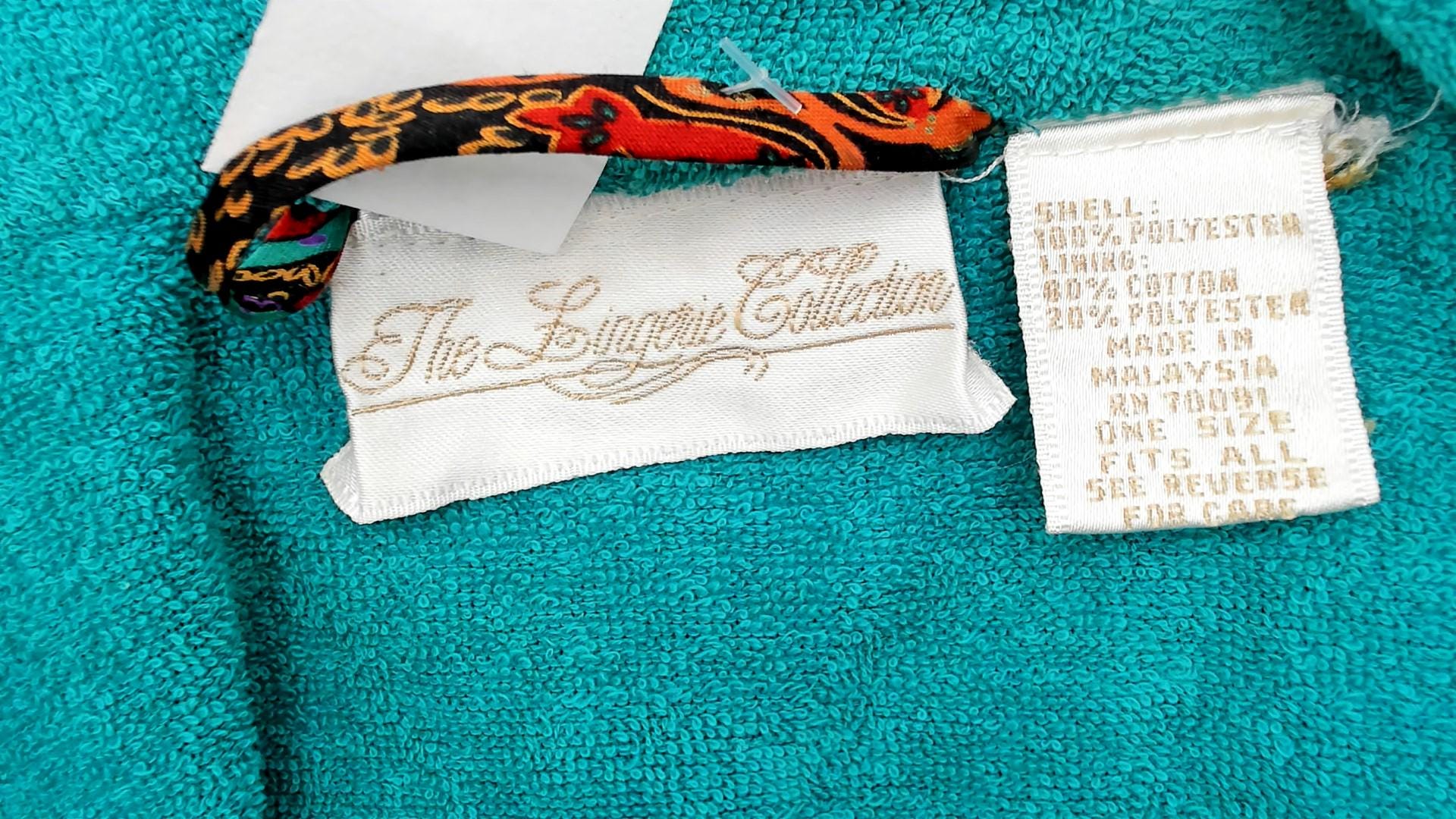 80s Paisley Terrycloth Robe Turquoise Orange Black Lace Trim Knee Length Large