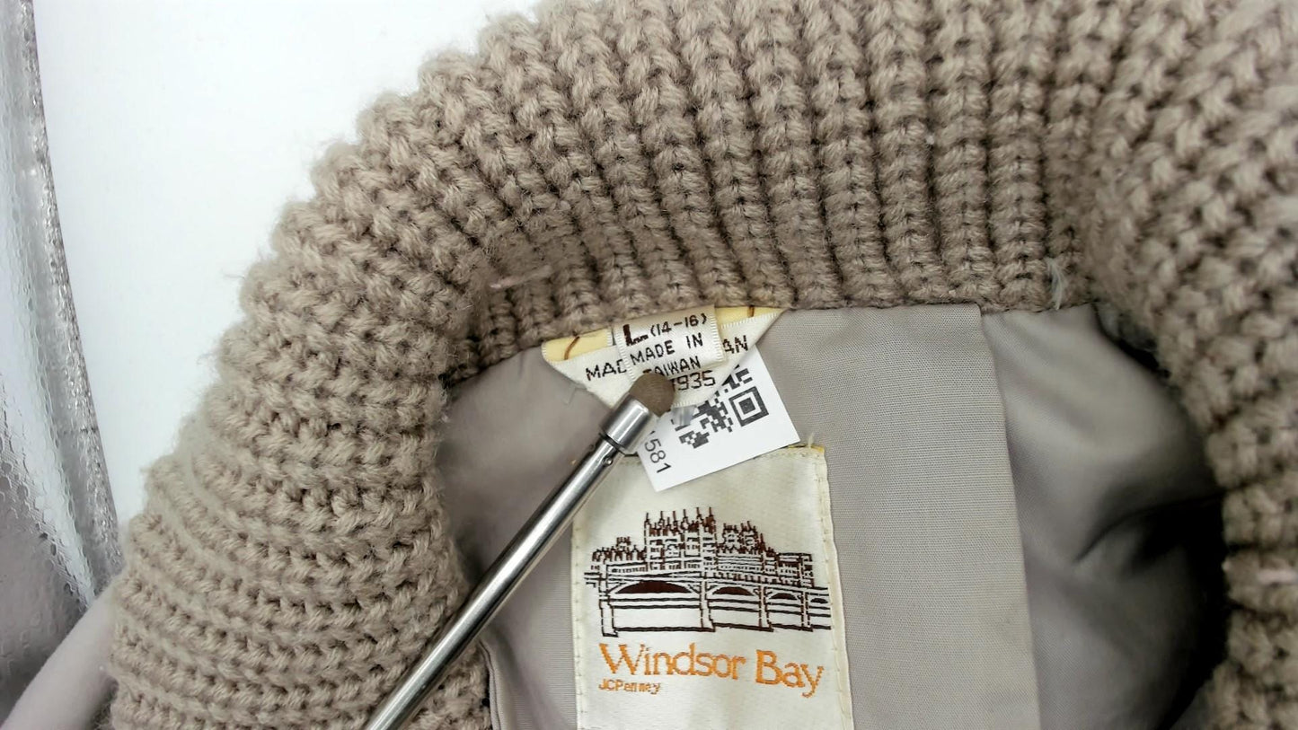 80s Beige Quilted Puffer Coat Down Filled Long Jacket Knit Collar Large L