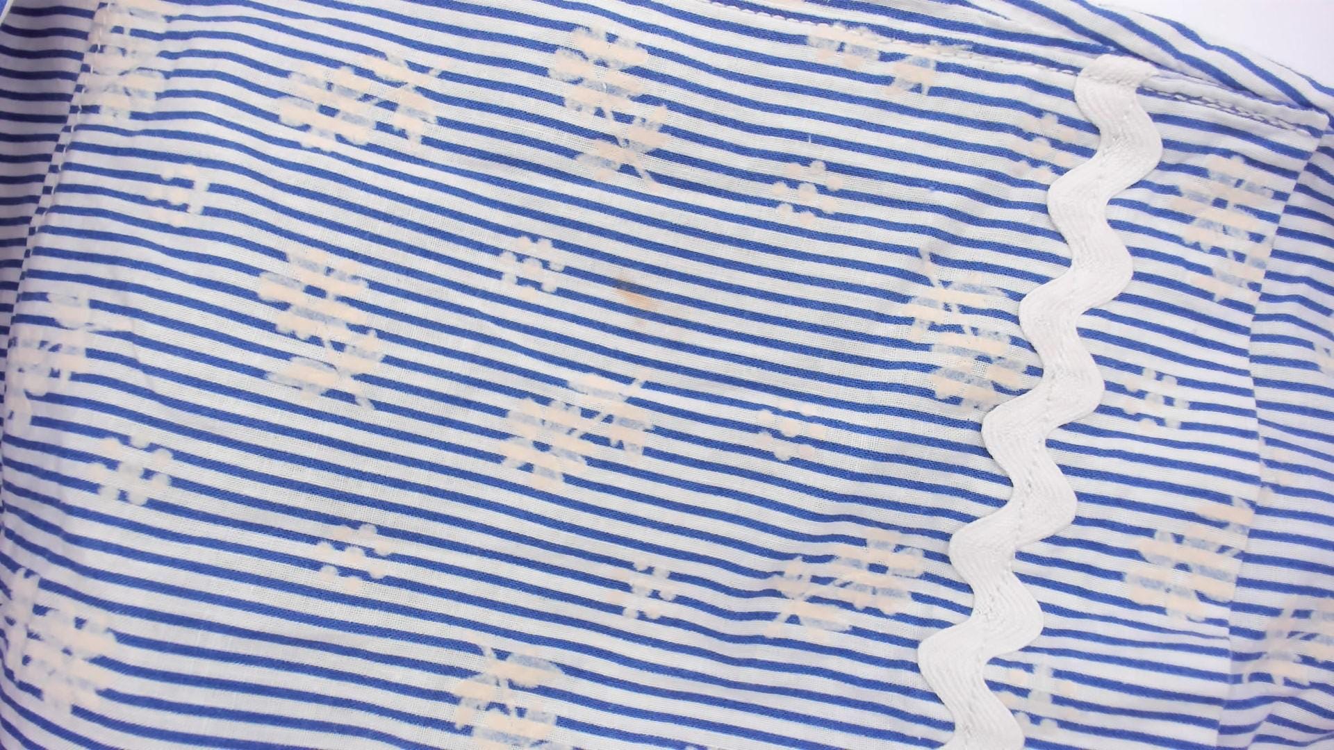 60s Blue White Striped Shift Dress Floral Embroidered Scalloped Trim Medium
