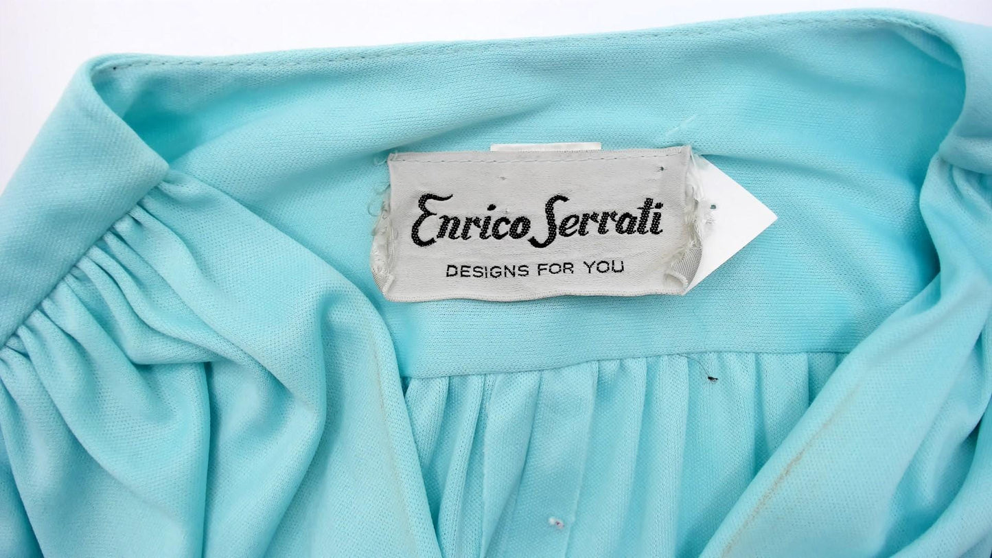 70s Enrico Serrati Aqua Maxi Dress V-Neck Tie Waist Long Sleeve Medium