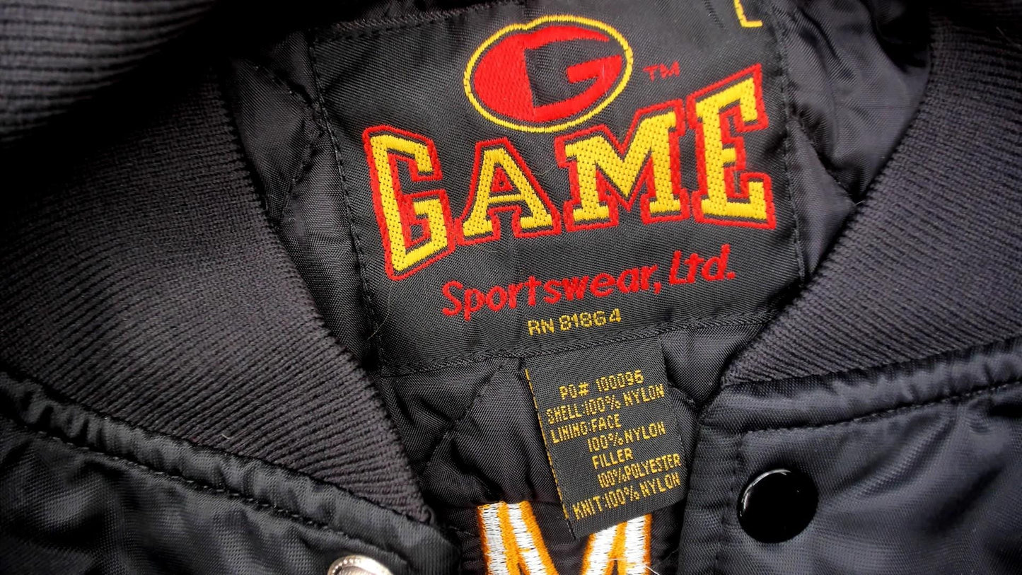 90s Black Satin Bomber Jacket Embroidered Champion Hunt Club Deer Large