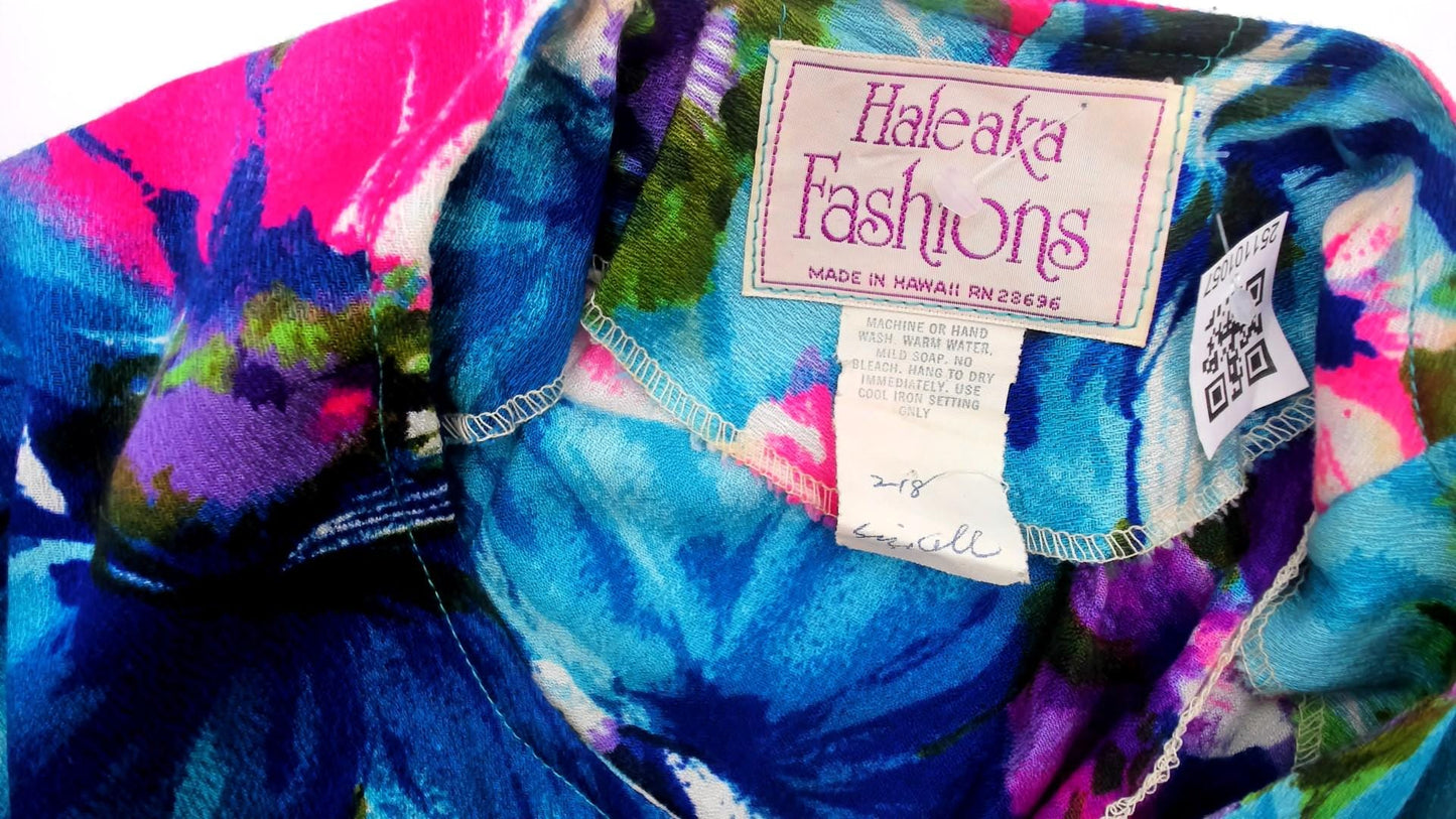 70s Haleaka Fashions Floral Button-Up Tunic Pink Purple Blue Cotton