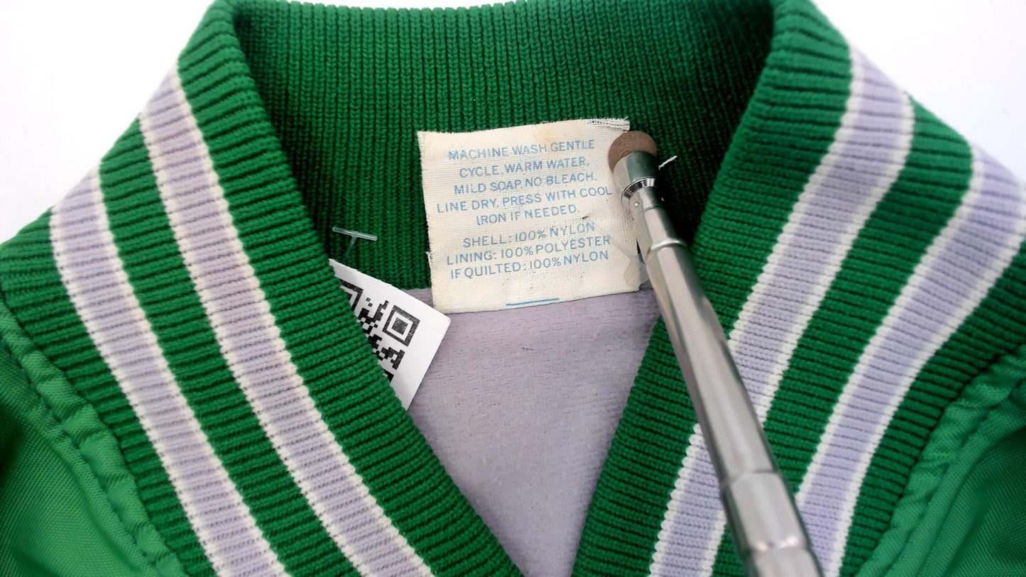 80s Green Varsity Bomber Jacket Embroidered Patches Snap Front Extra Large XL