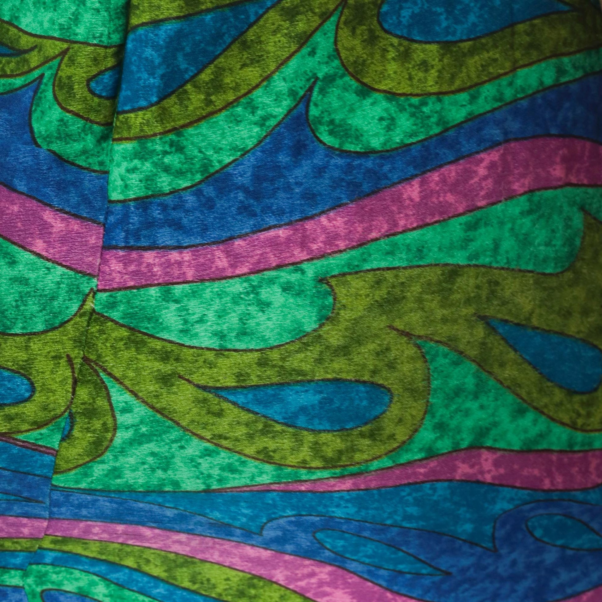 70s Psychedelic Swirl Maxi Dress Blue Green Pink Wave Print Sleeveless Extra Small