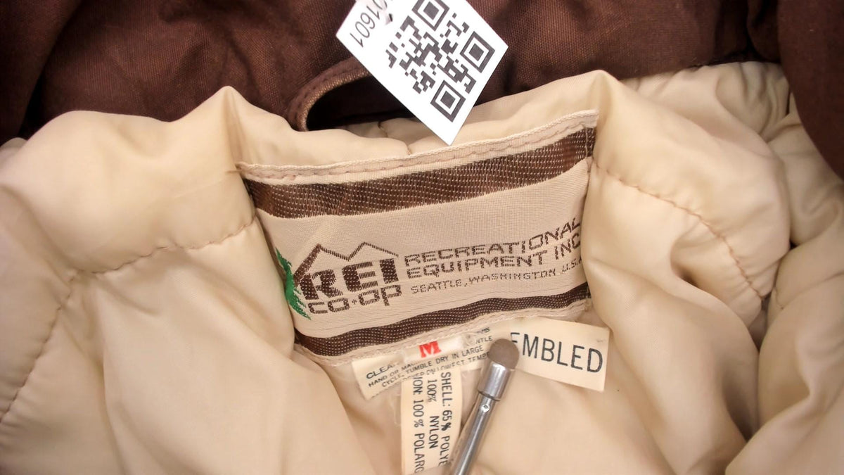 80s REI Brown Quilted Puffer Jacket Corduroy Collar Zip Large