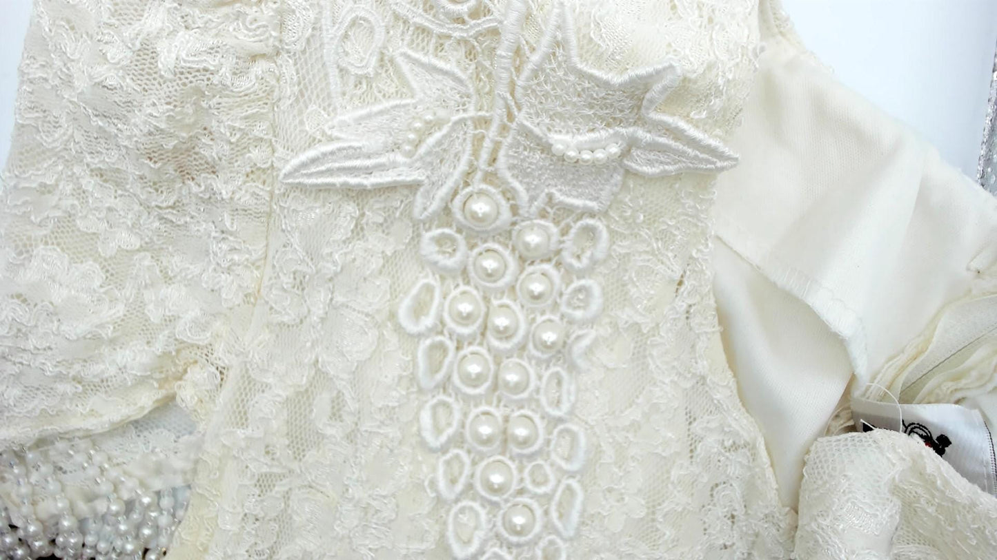 80s Cream Lace Puff Sleeve Dress Beaded Grape Detail Maxi Large L