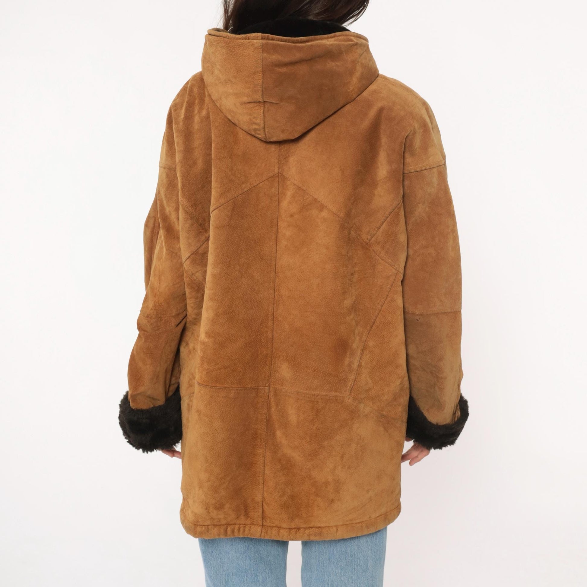 90s Tan Leather Hooded Jacket Faux Fur Lining Black Trim Large L