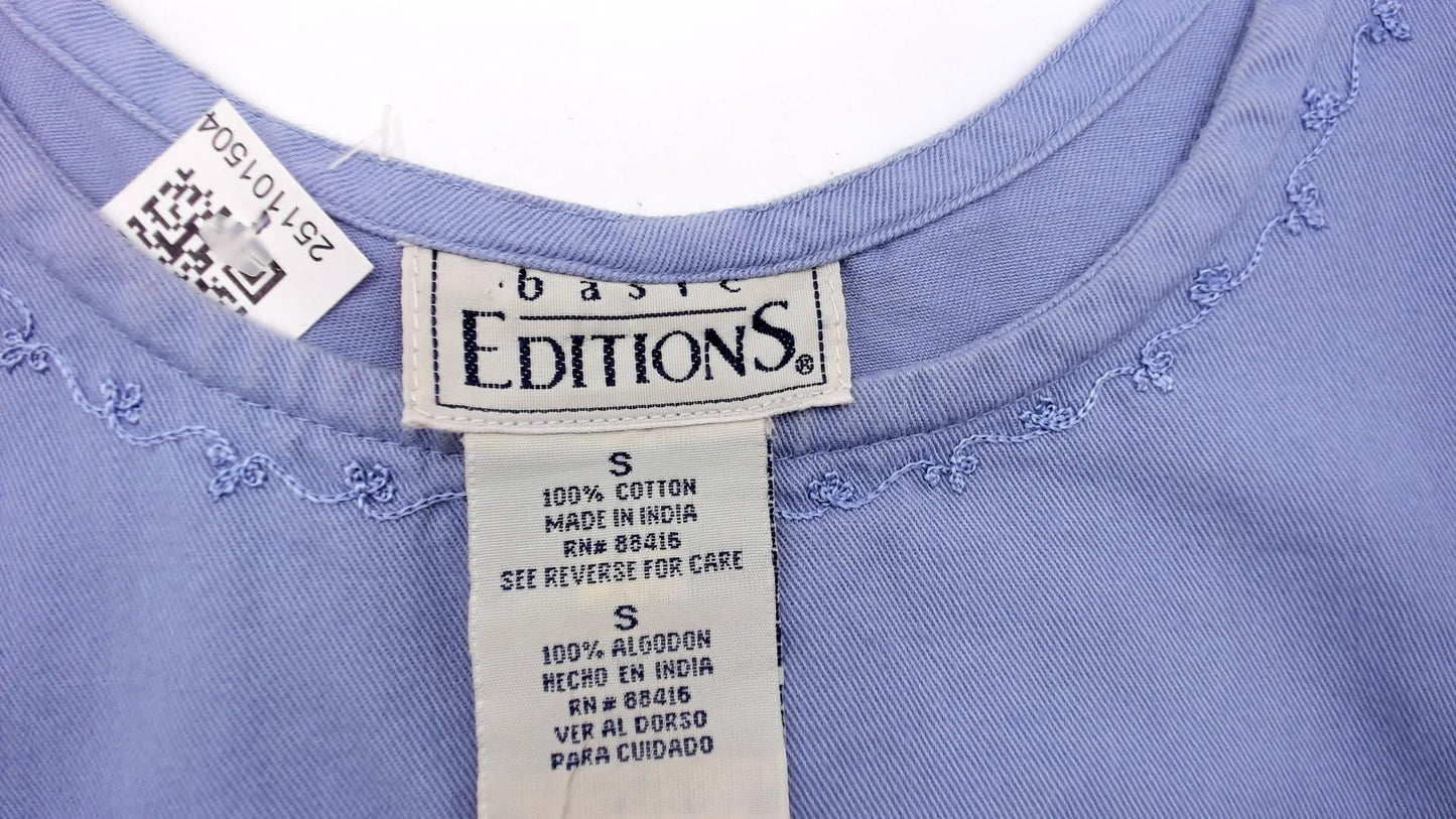90s Basic Editions Powder Blue Cotton Shift Dress Floral Embroidered Small S