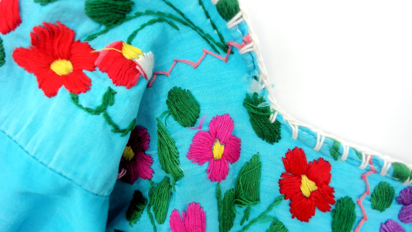 80s Mexican Embroidered Turquoise Cotton Dress Floral Empire Waist Extra Small XS