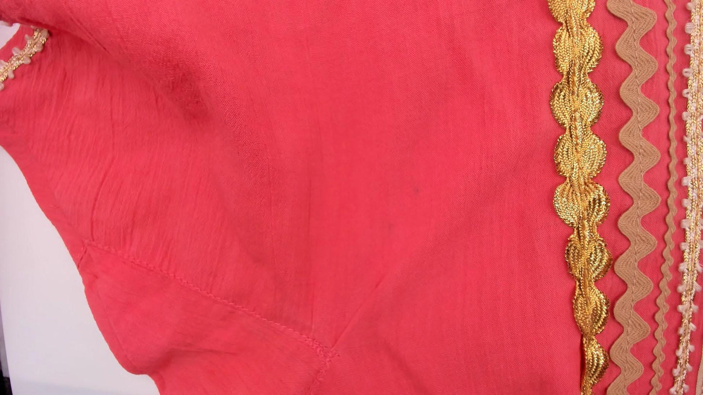 60s Faye Creations Prairie Dress Coral Pink Gold Trim Tiered Cotton Medium M