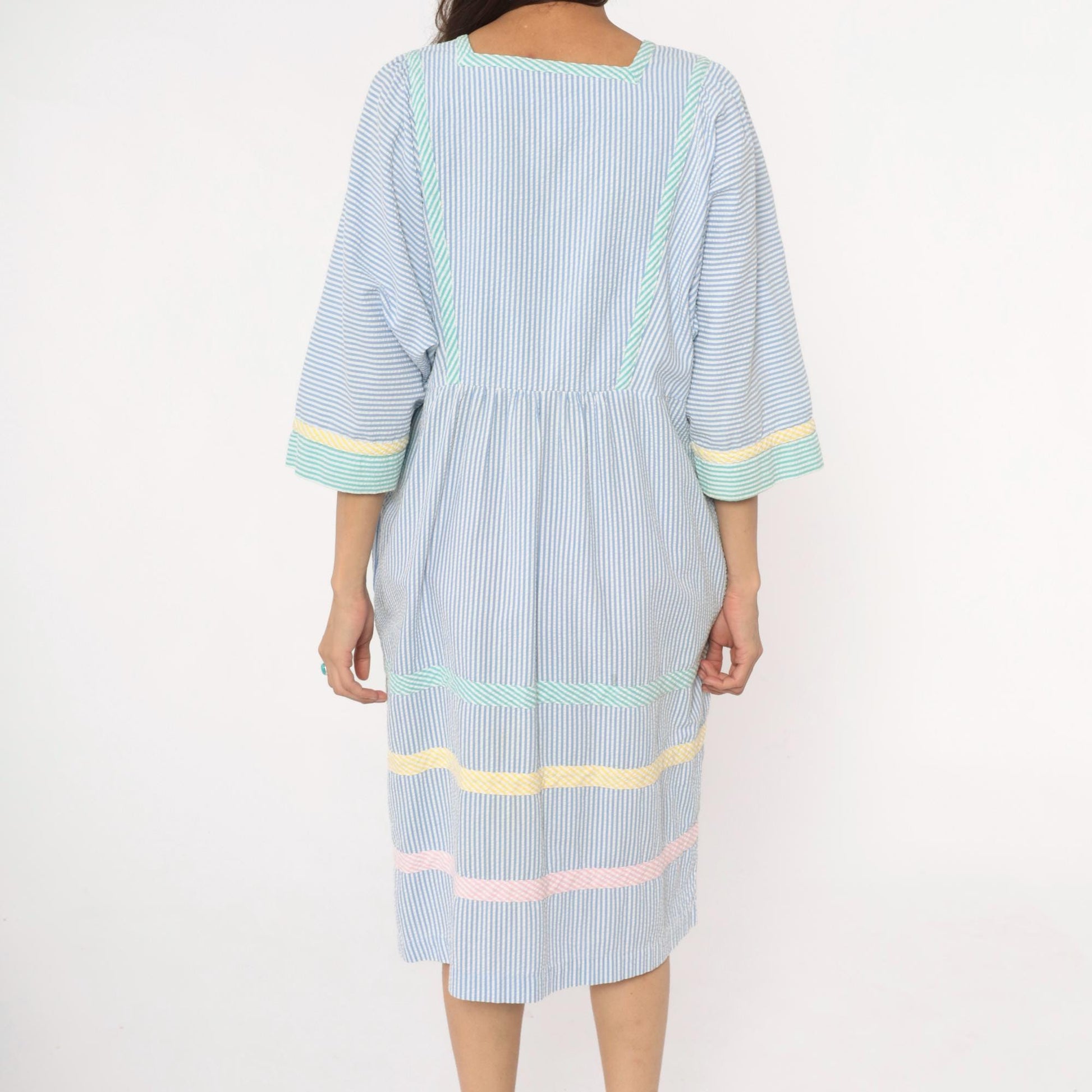 80s Saybury Seersucker Striped Dress Blue White Rickrack Trim Large