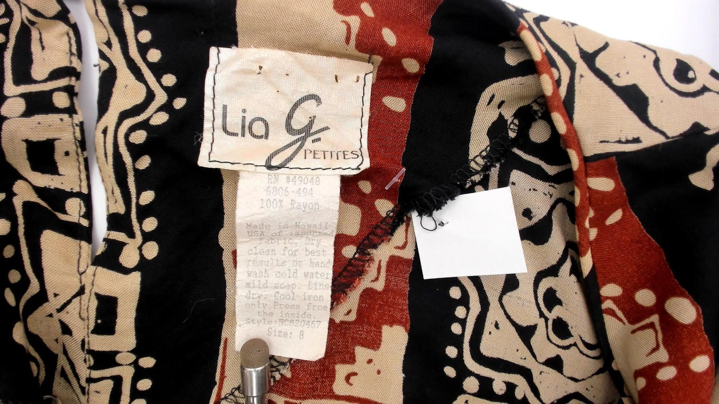 90s Lia G Petites Tribal Geometric Striped Blouse Beige Black Rust Medium