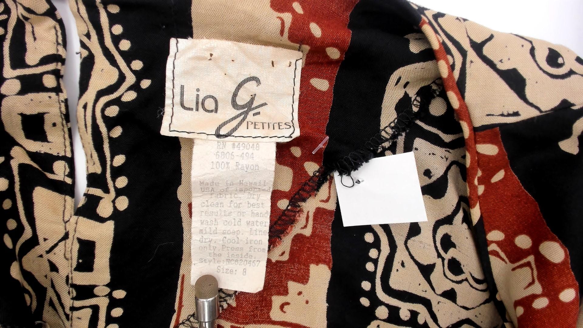 90s Lia G Petites Tribal Geometric Striped Blouse Beige Black Rust Medium