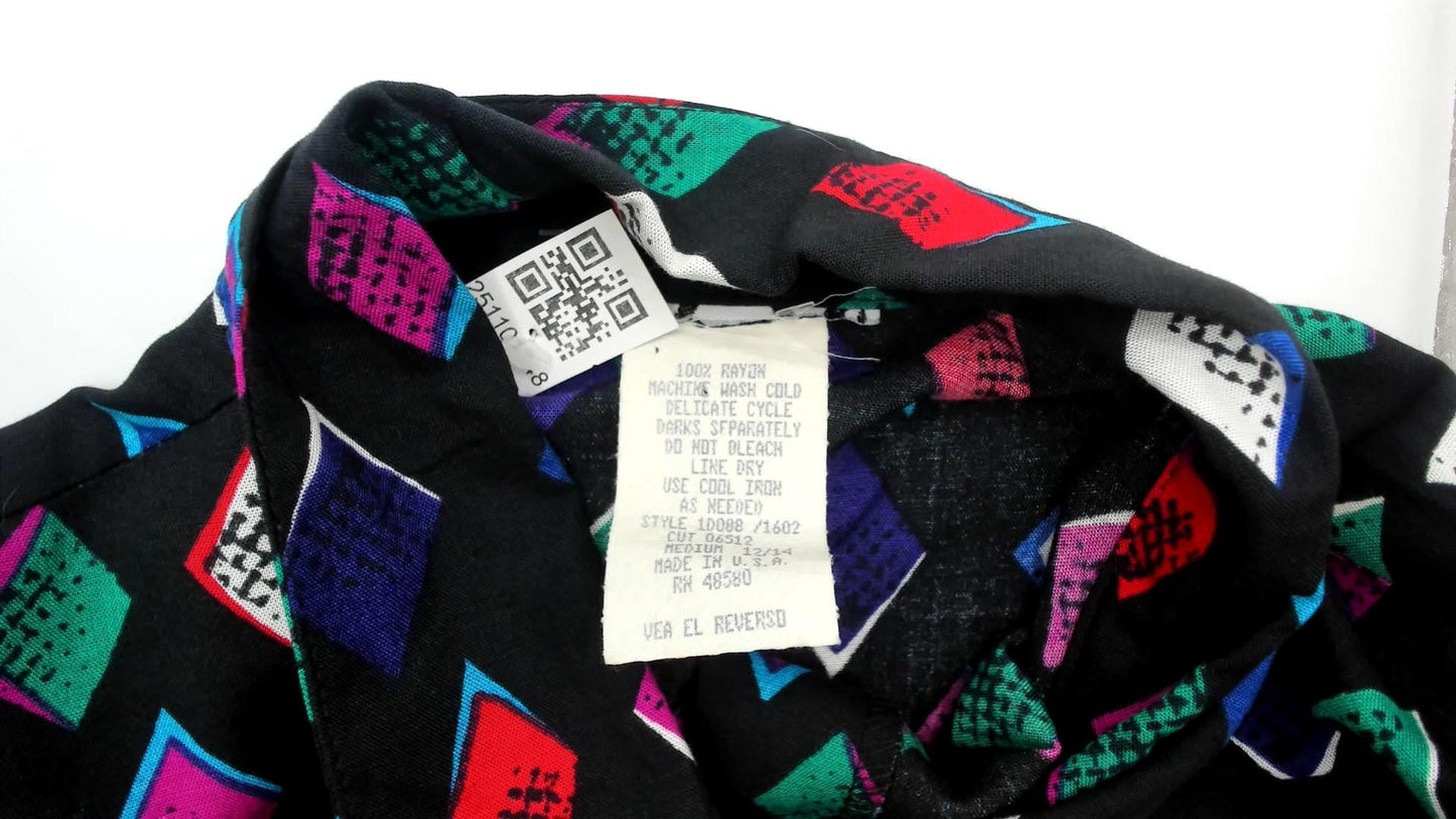 90s Black Harlequin Diamond Rayon Shirt Multicolor Button-Front Medium