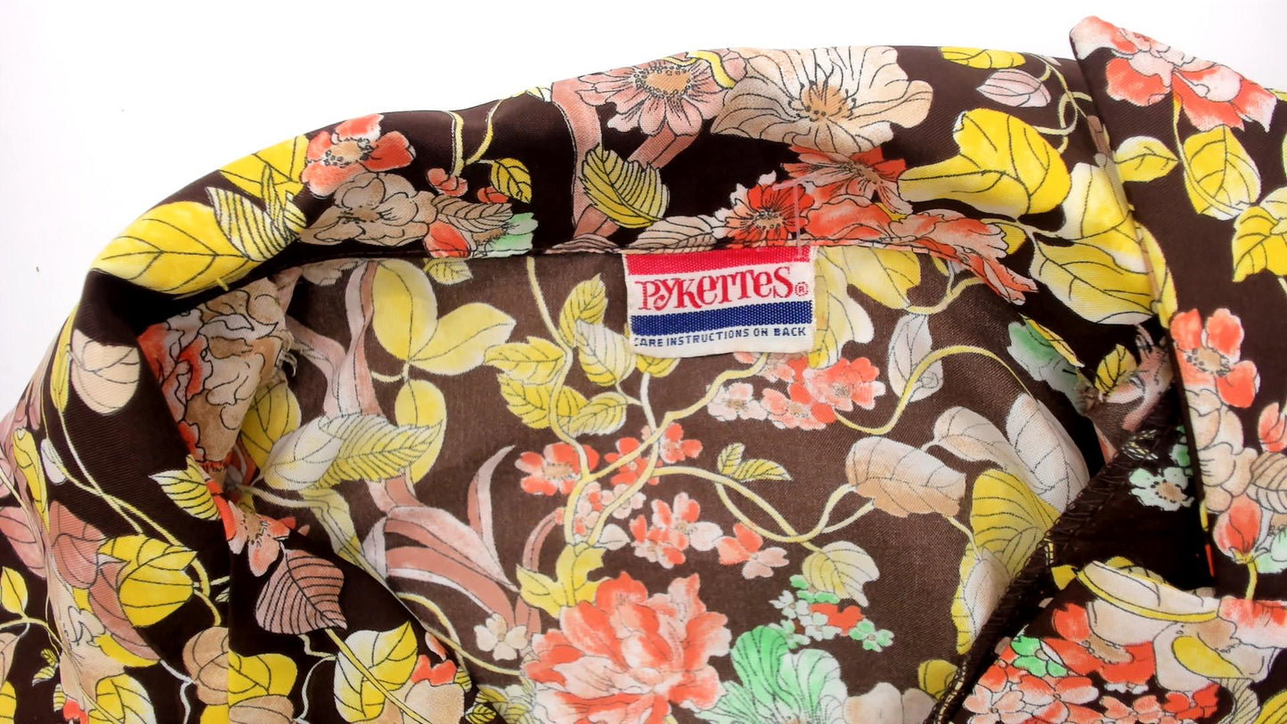 70s Pykettes Floral Blouse Brown Psychedelic Print Collared Long Sleeve Medium