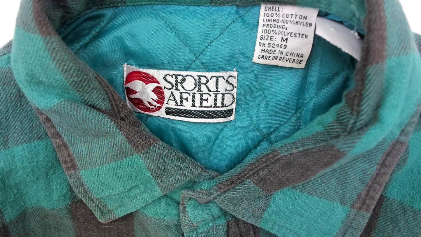 90s Sports Afield Buffalo Plaid Flannel Shirt Green Black Quilted Medium M