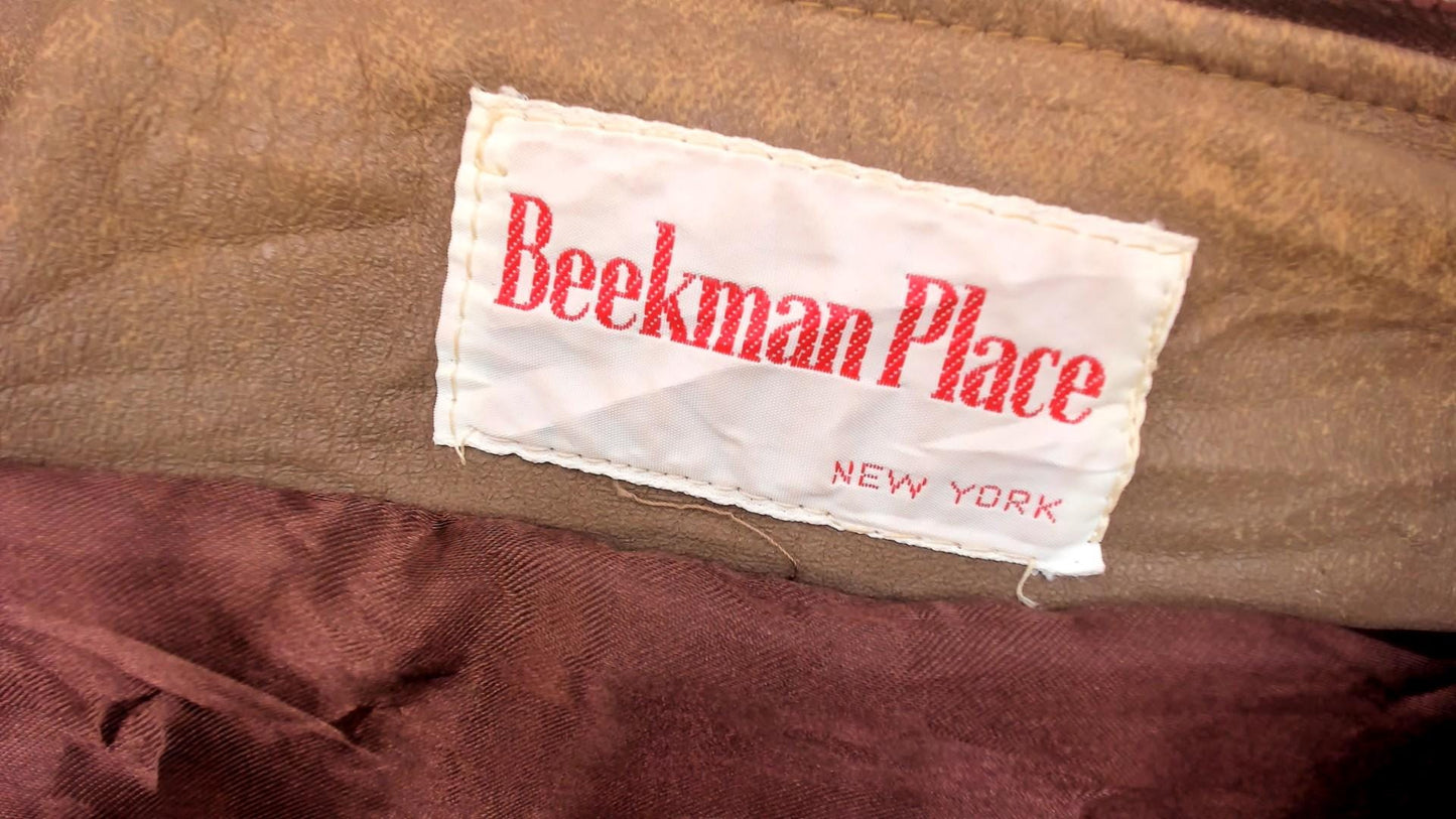 70s Beekman Place Faux Fur Hooded Coat Beige Brown Vinyl Trim Medium