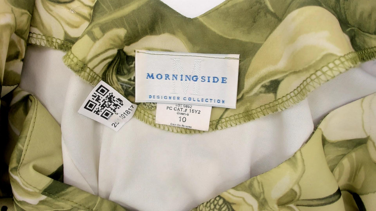90s Green Magnolia Floral Dress V-Neck Flutter Sleeve A-Line Medium