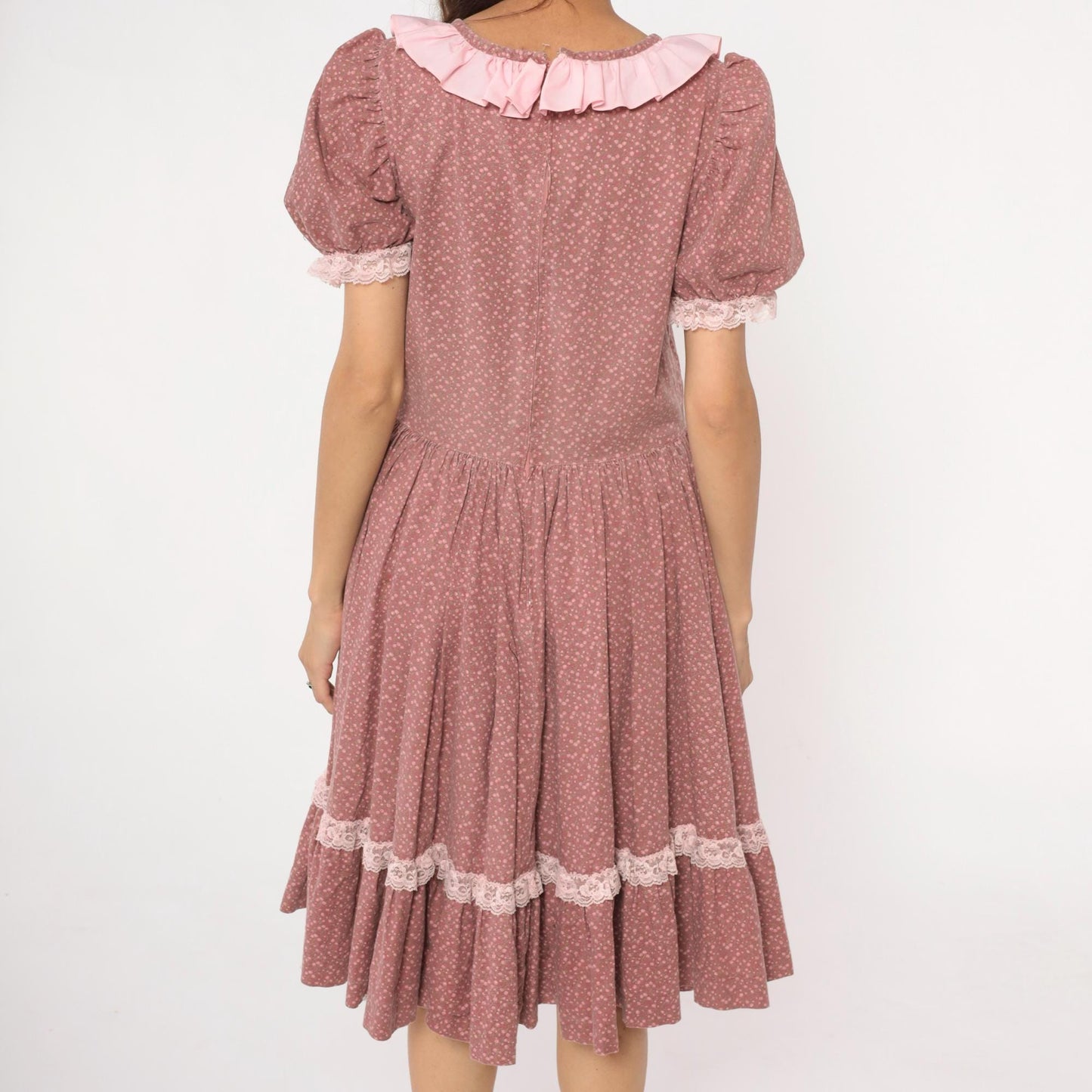 70s Prairie Dress Floral Dusty Rose Puff Sleeve Ruffle Collar Lace Trim Large L