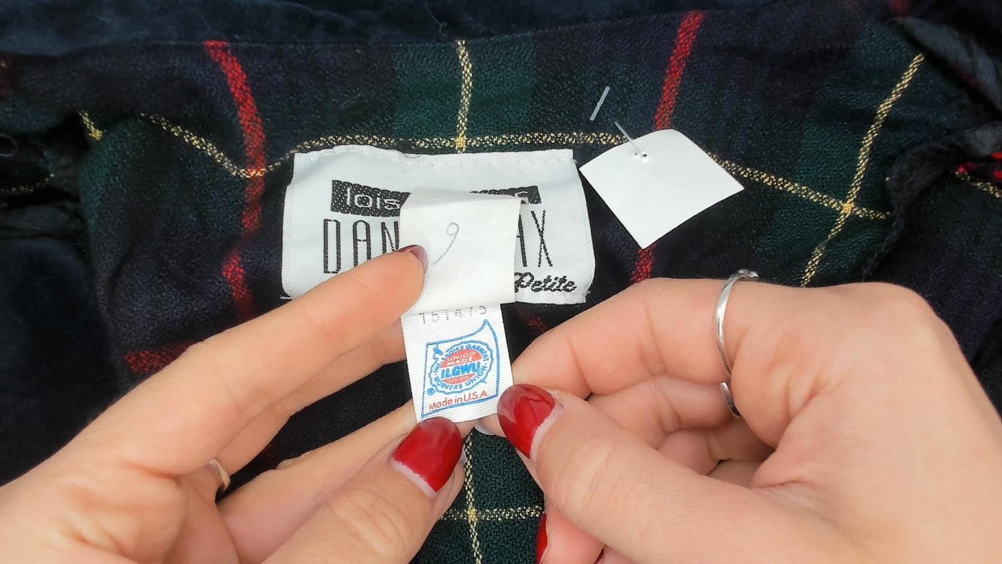 90s Dani Max Tartan Plaid Blazer Velvet Collar Navy Green Red Small S