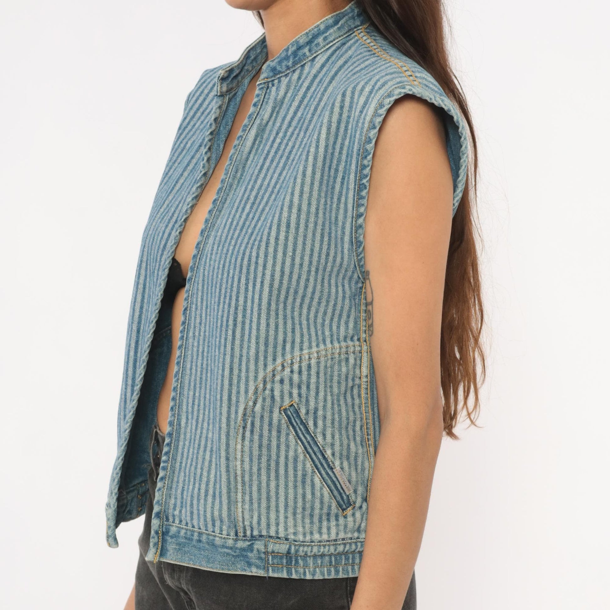 90s Jordache Reversible Denim Vest Pinstripe Blue White Mandarin Collar Small S