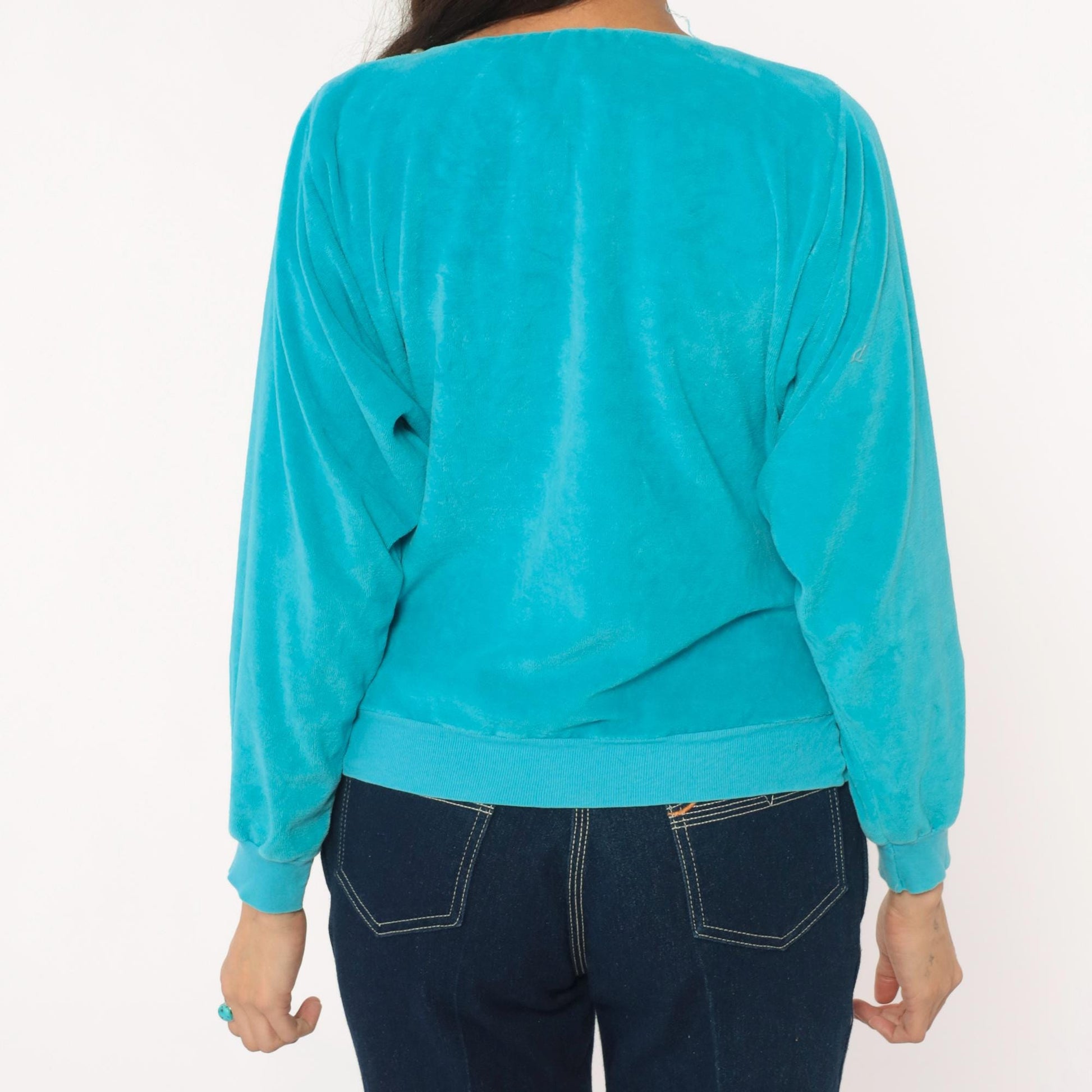 80s Terrycloth Sweatshirt Teal Asymmetrical Neck Striped Collar Pullover Small