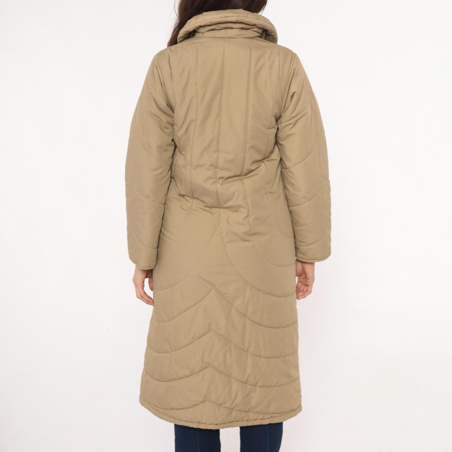 80s Tan Quilted Parka Jacket Chevron Shawl Collar Tie Front Duster Extra Small XS