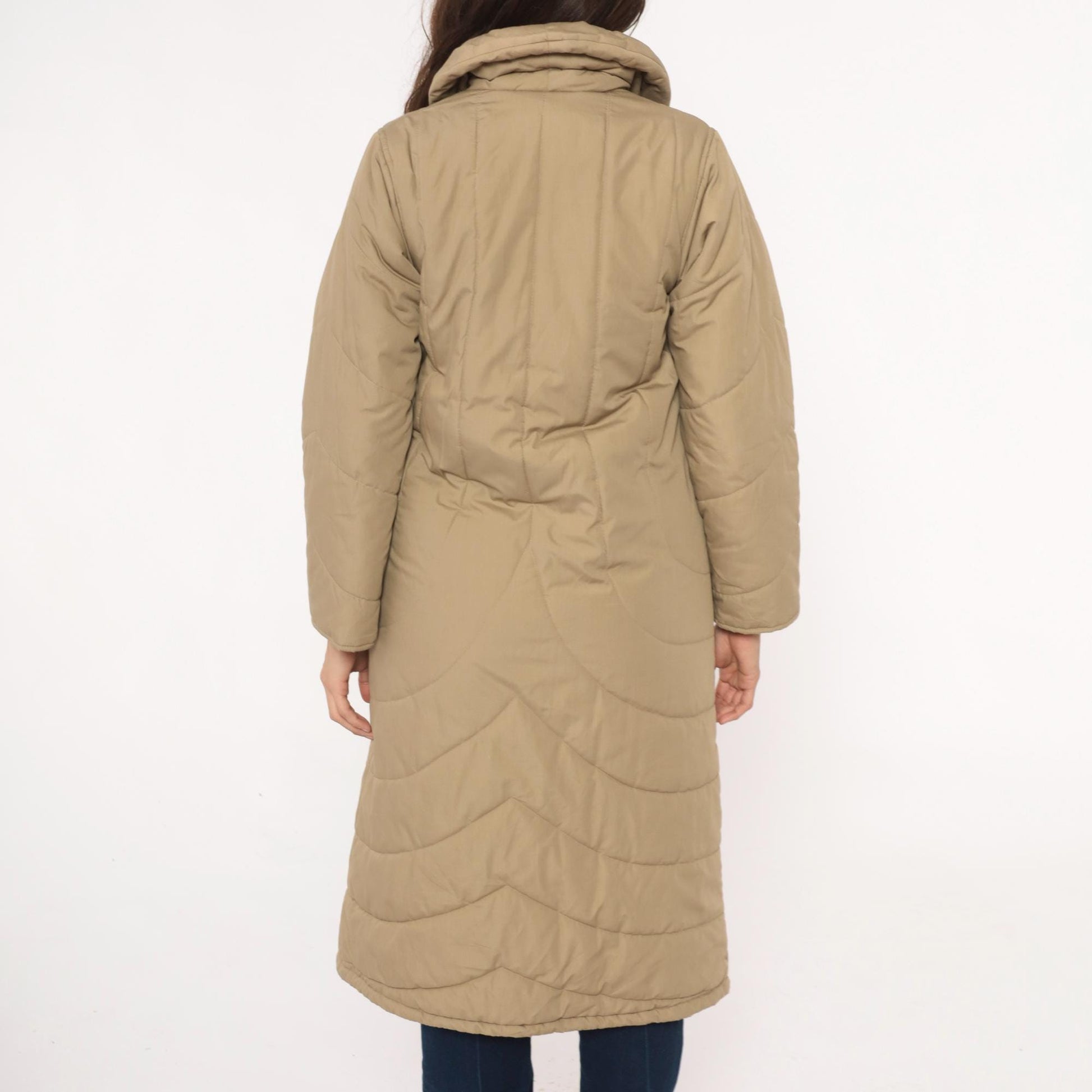 80s Tan Quilted Parka Jacket Chevron Shawl Collar Tie Front Duster Extra Small XS