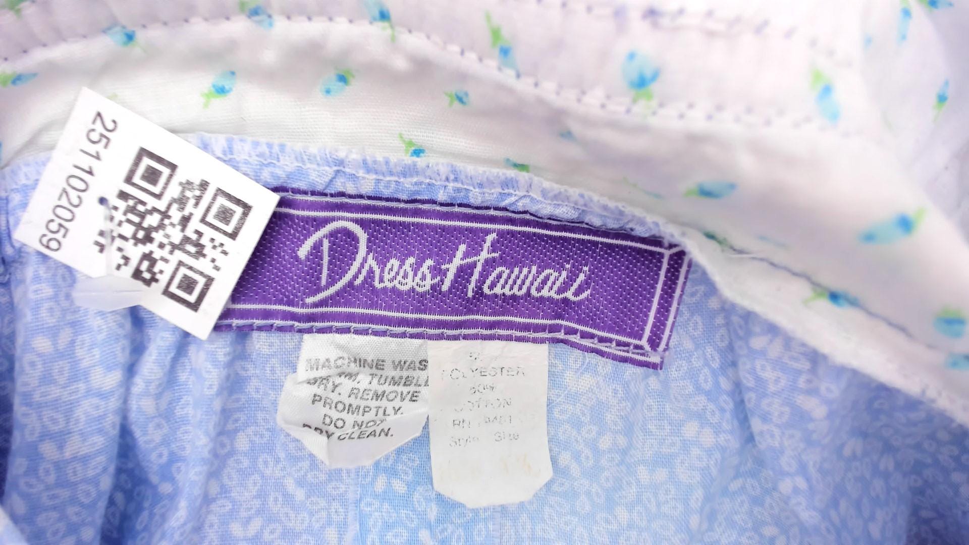 80s Light Blue Hawaiian Dress Cotton Puff Sleeve Square Neck Empire Waist Extra Small