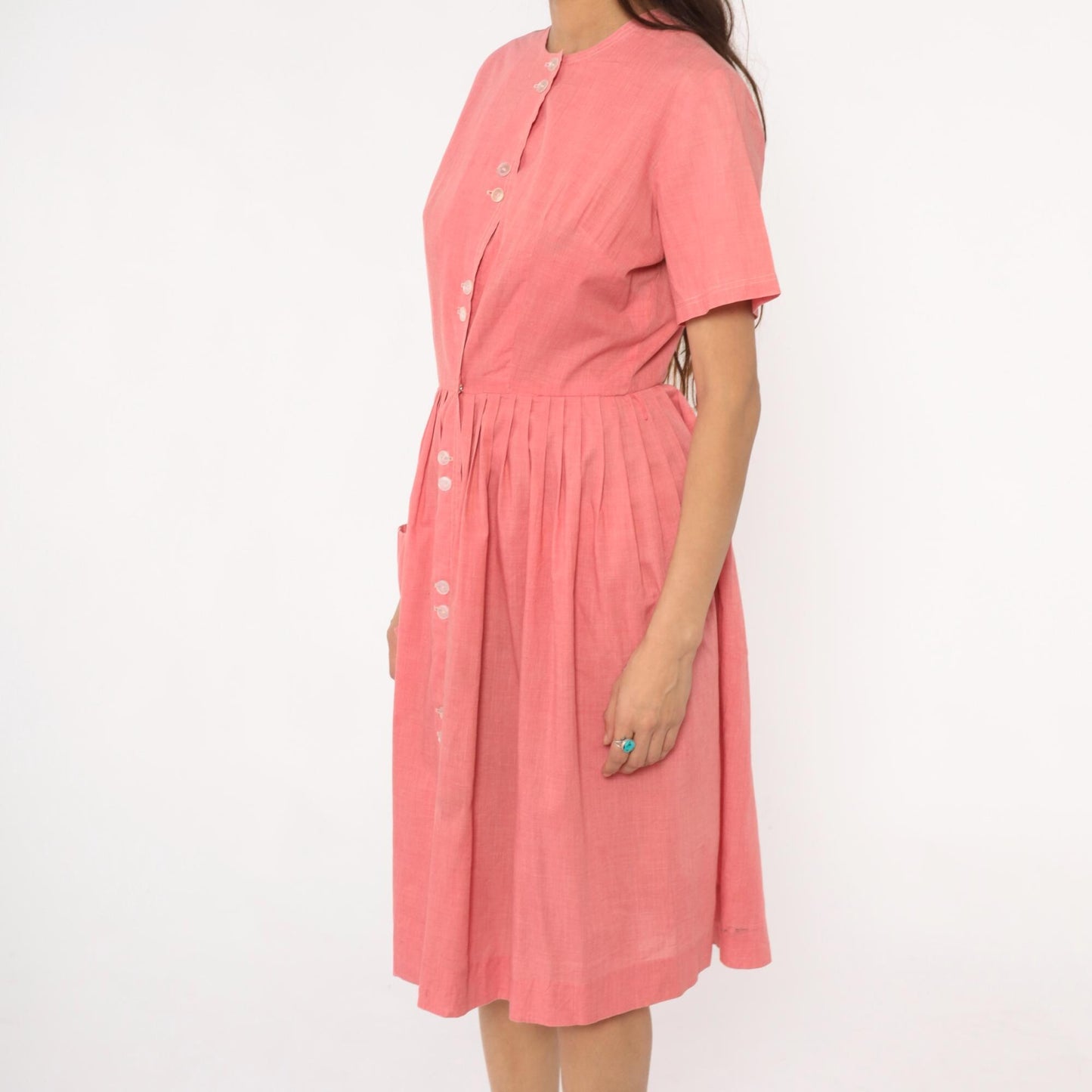 70s Coral Pink Cotton Day Dress Button Front Gathered Skirt Pockets Medium Large
