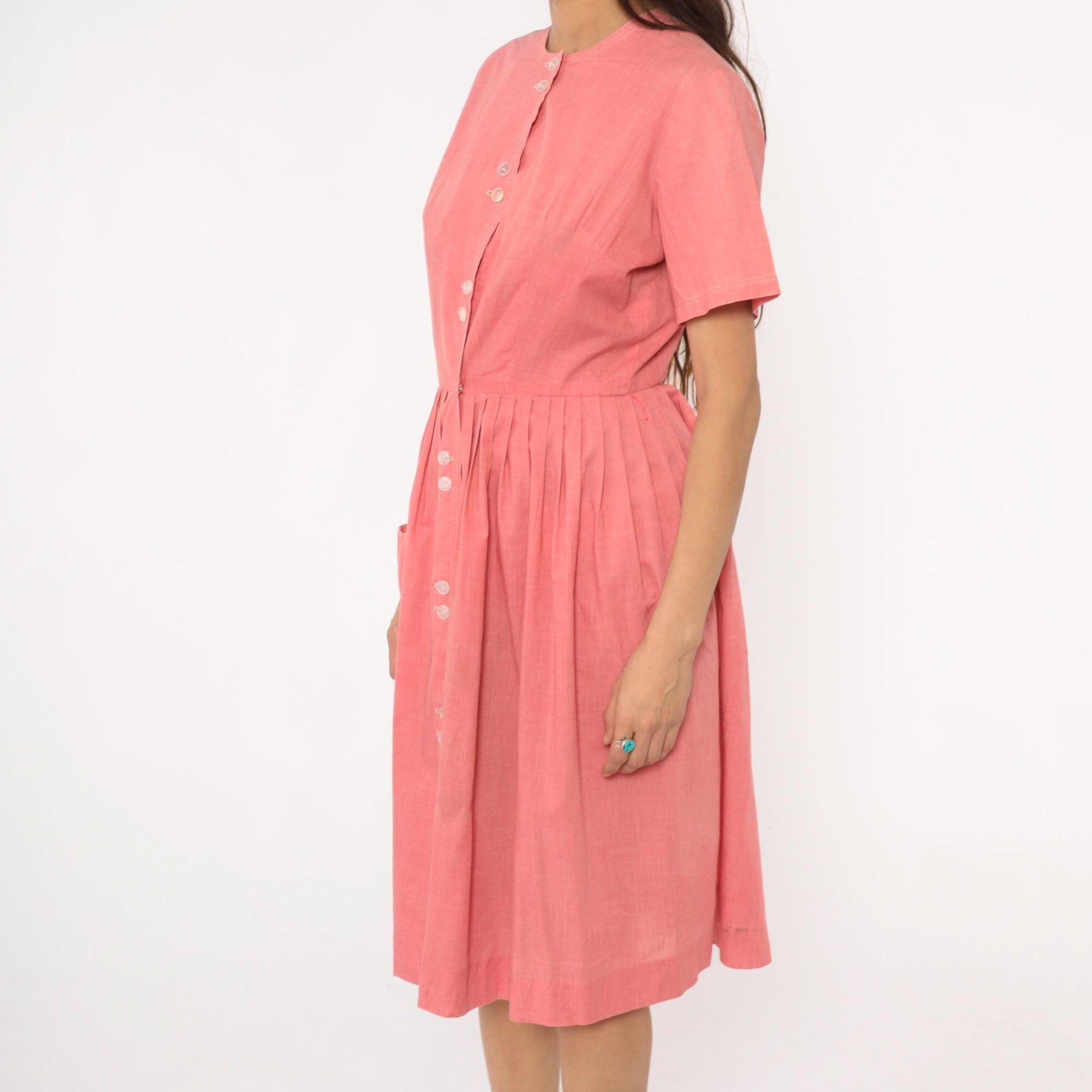 70s Coral Pink Cotton Day Dress Button Front Gathered Skirt Pockets Medium Large