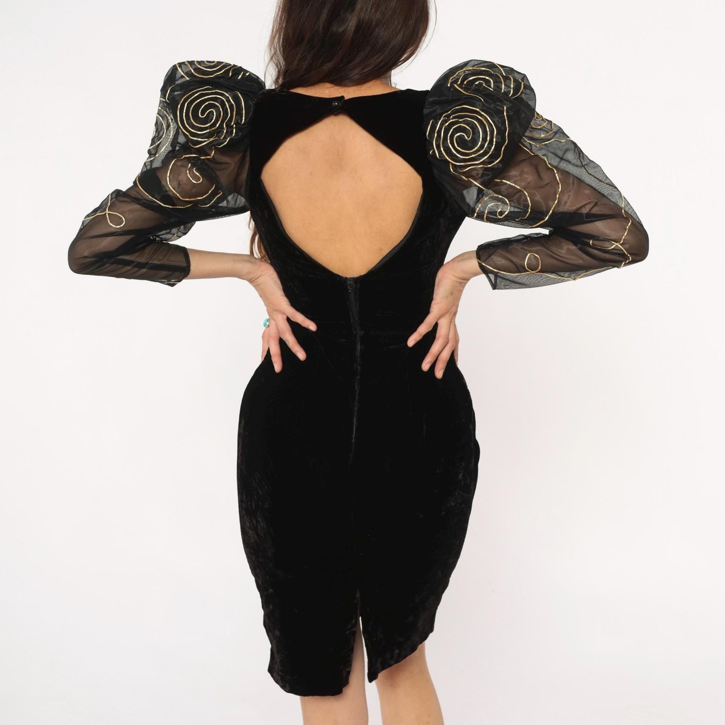 90s Black Velvet Puff Sleeve Dress Gold Embroidered Organza Open Back Small