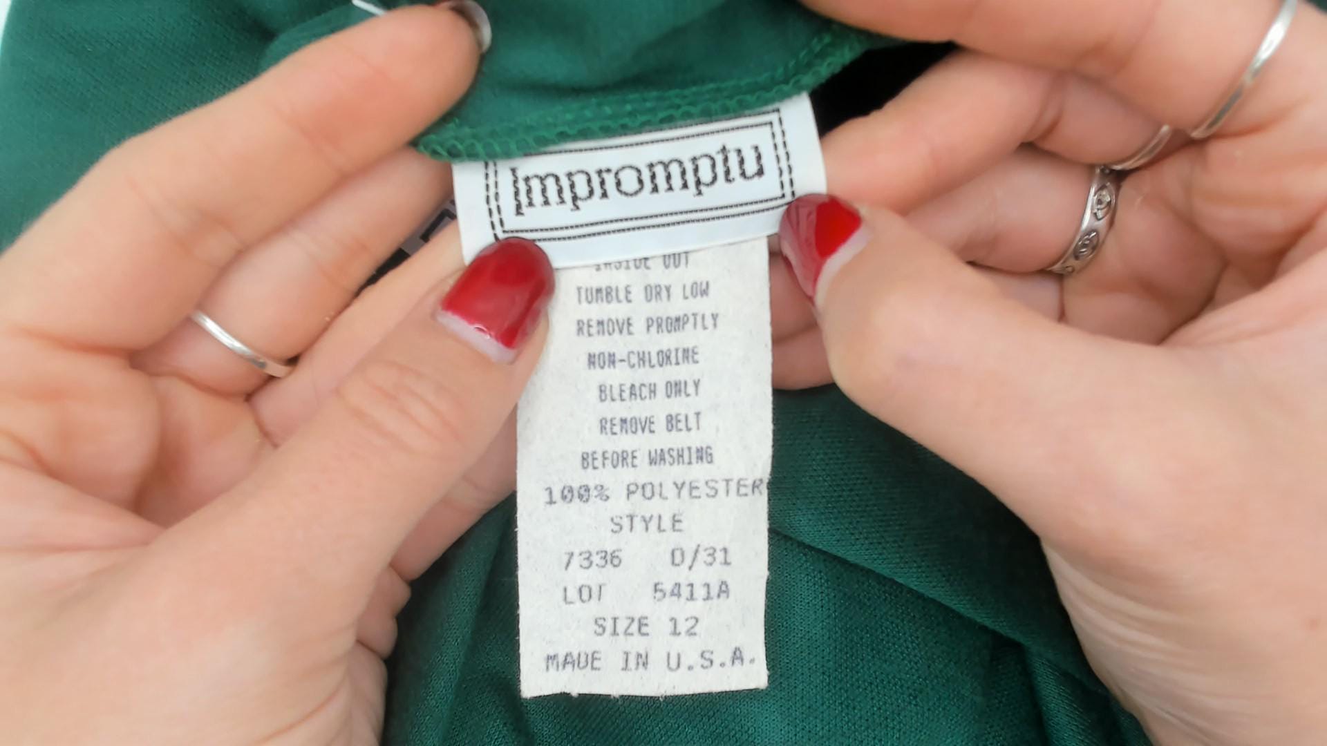 80s Impromptu Emerald Cowl Neck Midi Dress Gold Button Long Sleeve Large L