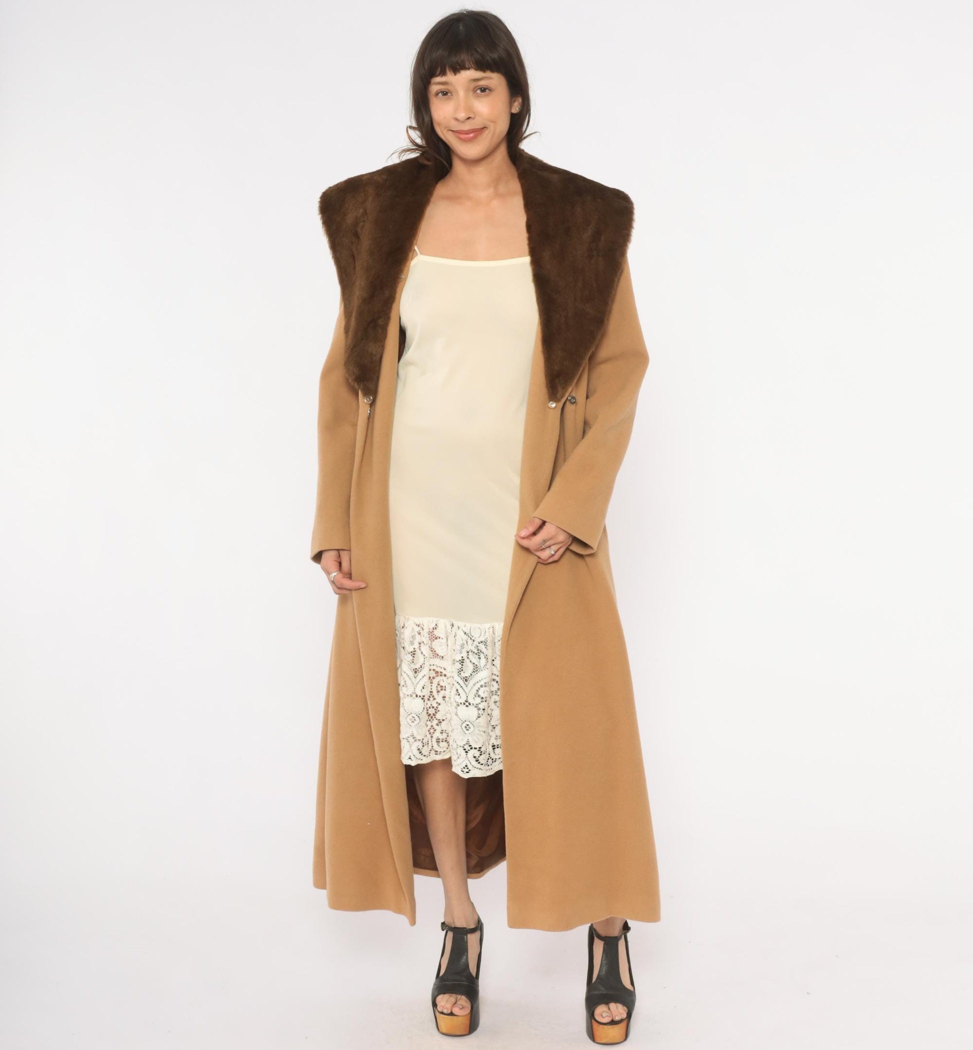 90s Spiegel Wool Cashmere Camel Coat Fur Collar Ankle Length Tan Medium M