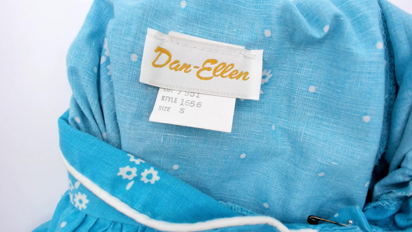 80s Dan Ellen Turquoise Floral Shift Dress Mandarin Collar Small