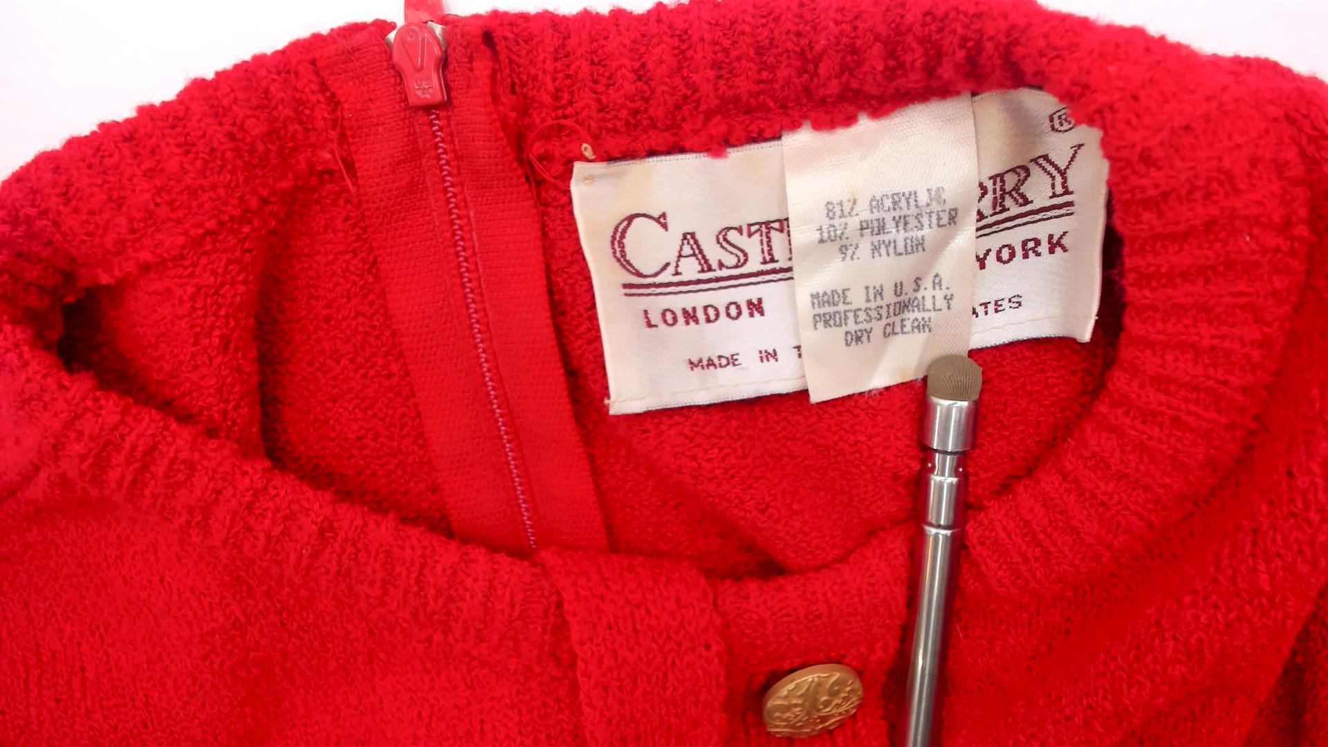 80s Castleberry Red Sweater Dress Gold Buttons Black Cuffs Tie Belt Medium