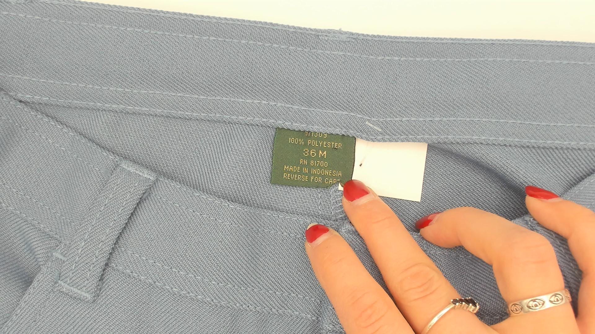 70s Scandia Woods Slate Blue Straight Leg Trousers Flat Front Chevron Stitch Mens 36