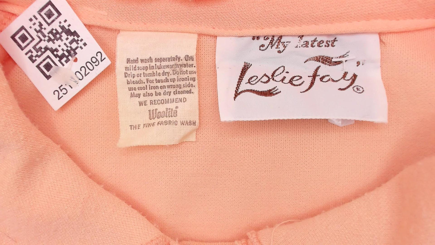80s Leslie Fay Peach Dress Peter Pan Collar Button Front Belted Small