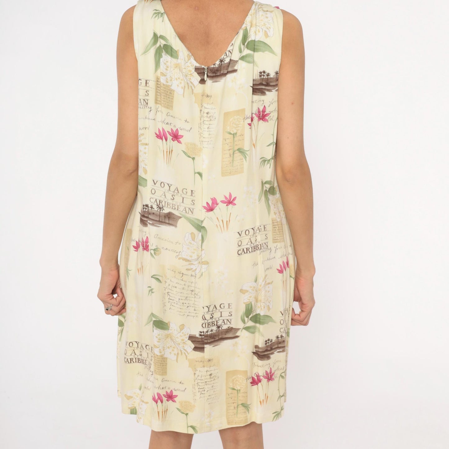 90s Caribbean Joe Tropical Shift Dress Cream Floral Postcard Print Extra Large