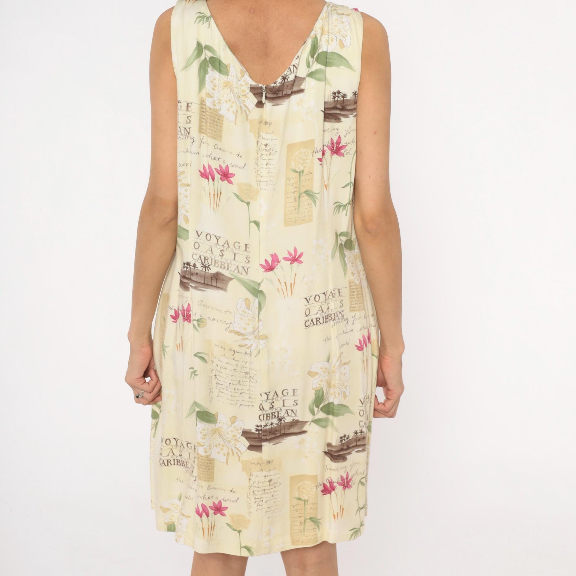 90s Caribbean Joe Tropical Shift Dress Cream Floral Postcard Print Extra Large