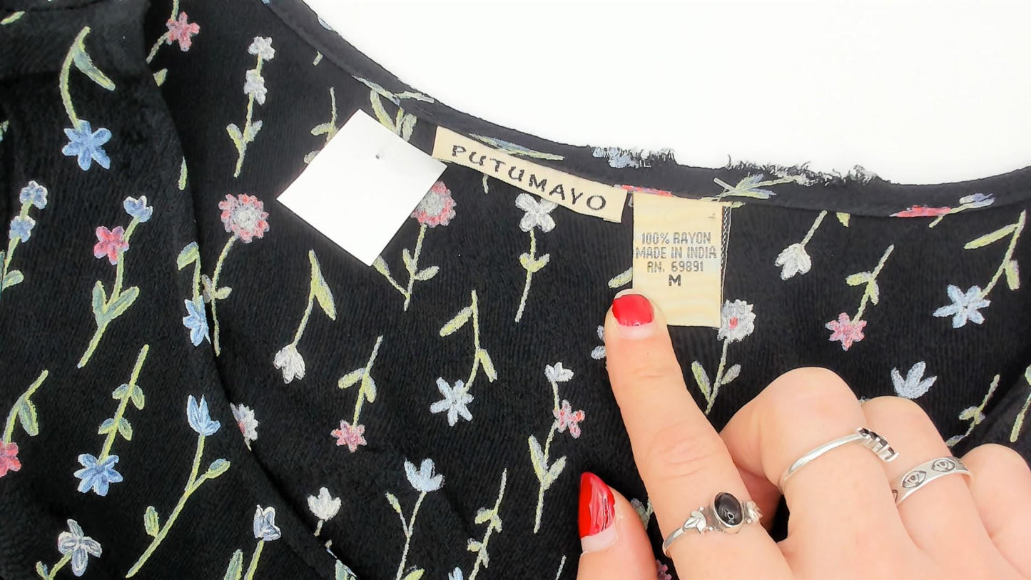 90s Putumayo Black Floral Sundress Knee Length Wildflower Embroidered Medium M
