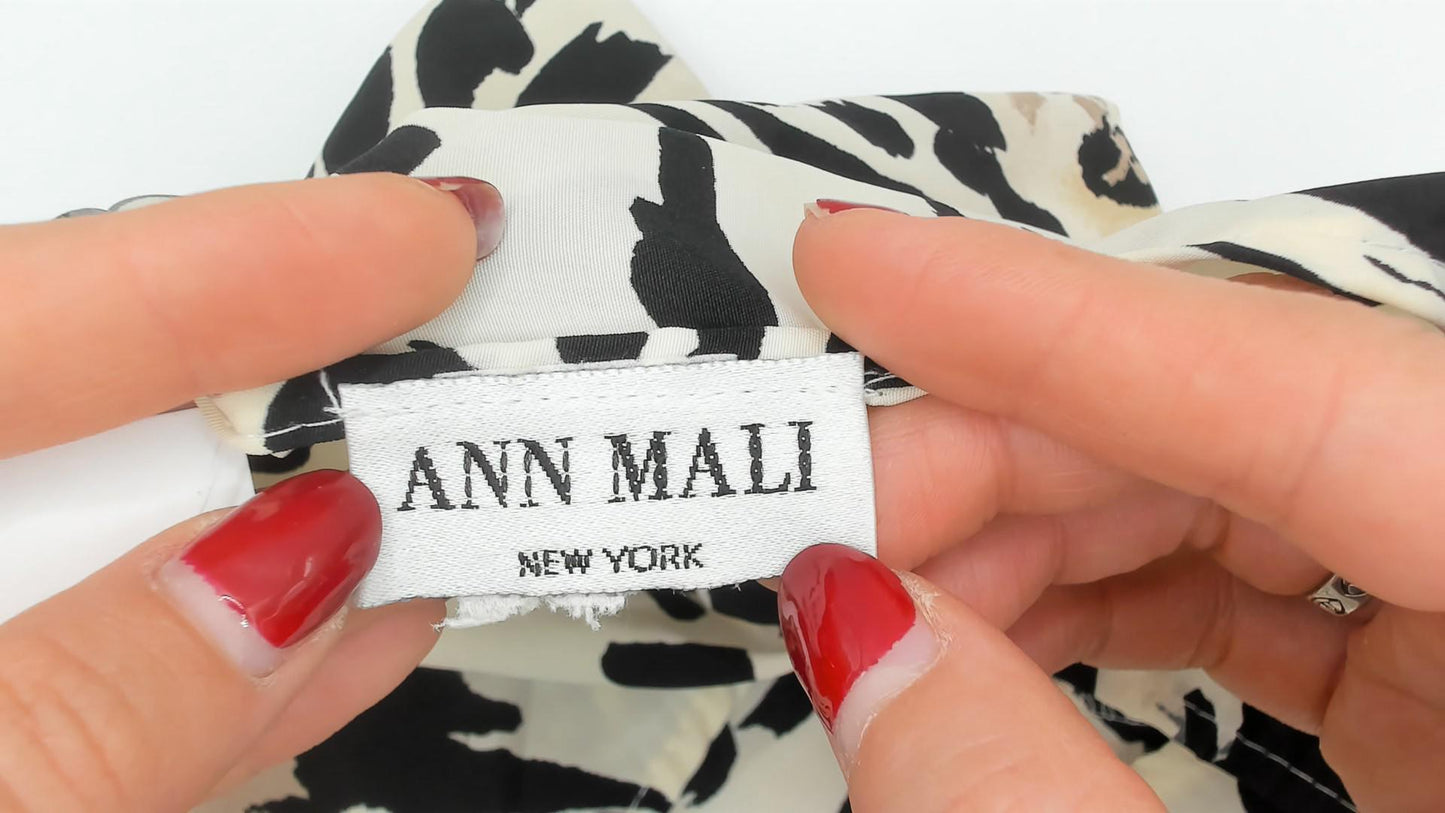 90s Ann Mali Maxi Dress Cream Black Animal Print Tie Back Large L