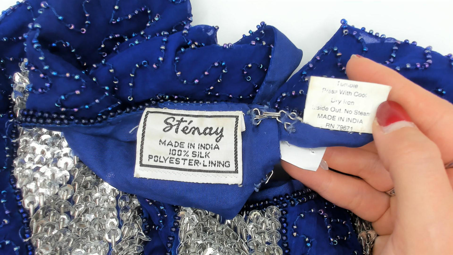 80s Stenay Cobalt Blue Silver Sequin Silk Cocktail Dress Keyhole Back Medium M