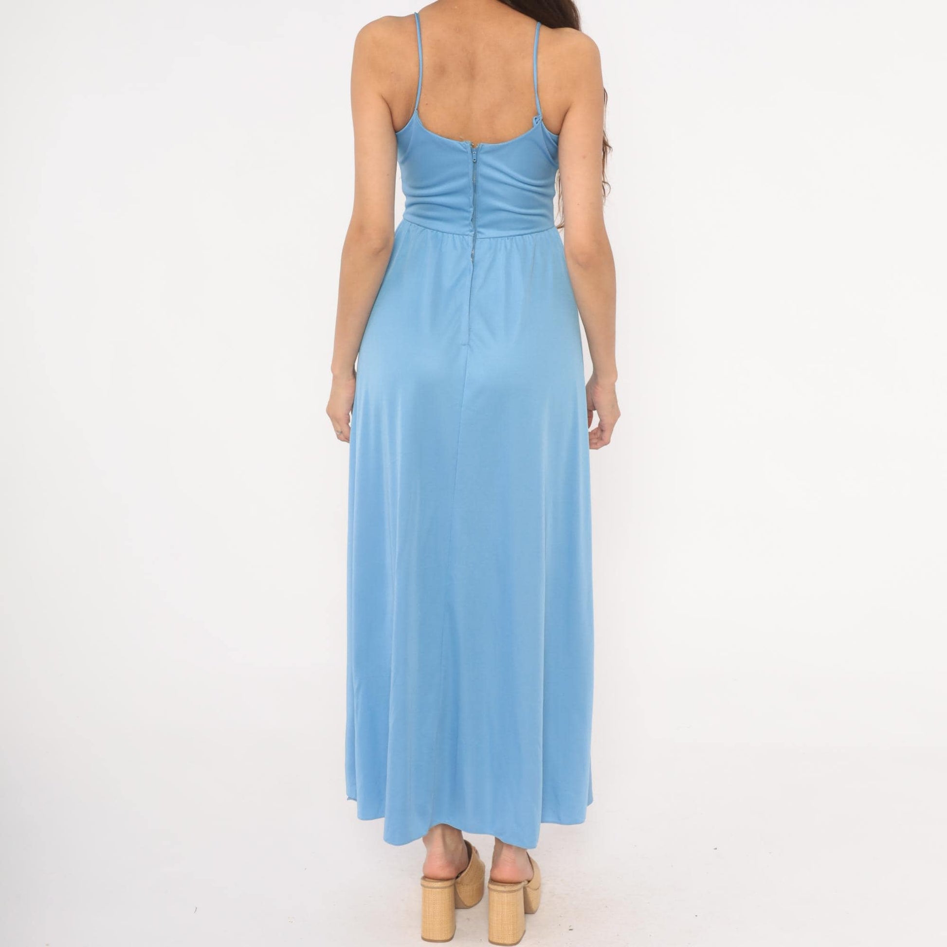70s Sky Blue Maxi Dress Spaghetti Strap Rosette Detail Side Slit Extra Small XS